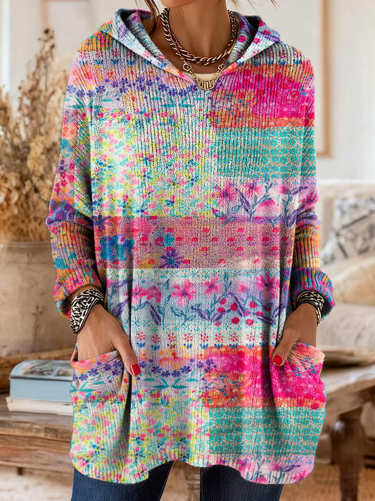Women's Retro Colorful Patchwork Floral Art Print Casual Knit Pocket Hooded Top