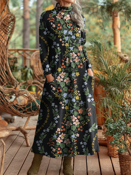 Women's Vintage Black Flower Art Print Elegant High Neck Pockets Knit Dresses