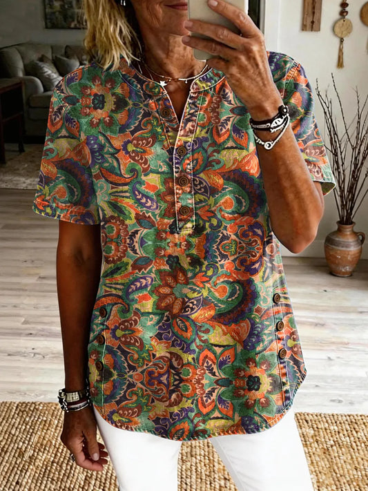 Women's Ethnic Floral Print Button-down Short-sleeved Shirt