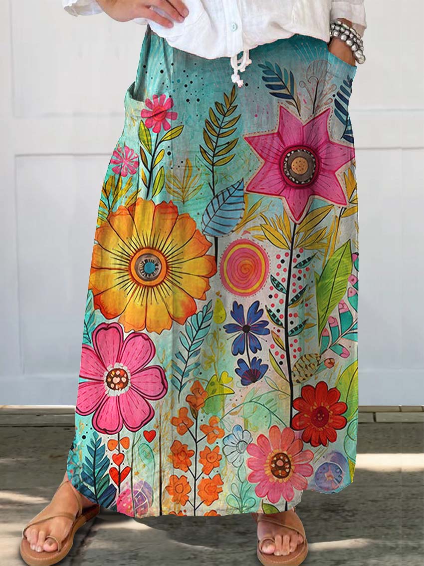 Women's Colorful Flower Print Linen Pocket Skirt