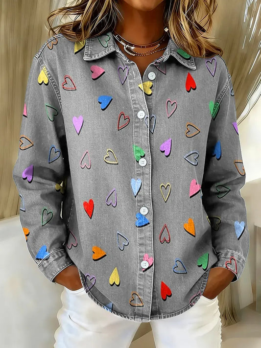 Women's Heart-Shaped Art Print Washed Denim Cotton Shirt