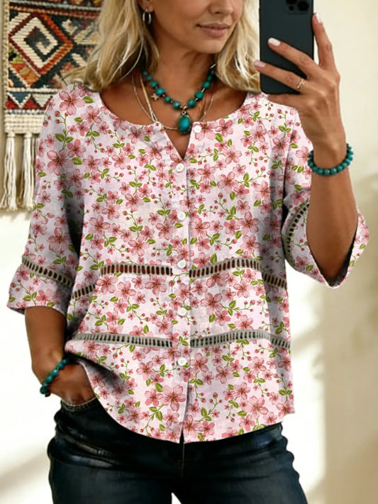 Women's Vintage Floral Art Print Tie-front Button-up Short-sleeve Shirt