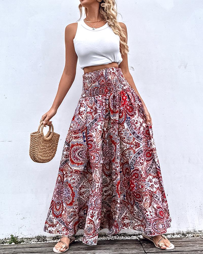 Tribal Print Shirred Wide Leg Pants