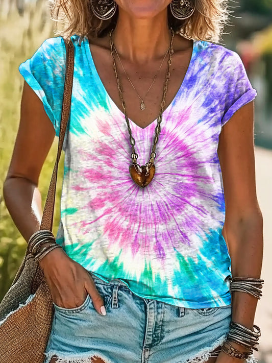 Women's Colorful Tie Dye Art Print Cotton V-neck T-Shirt