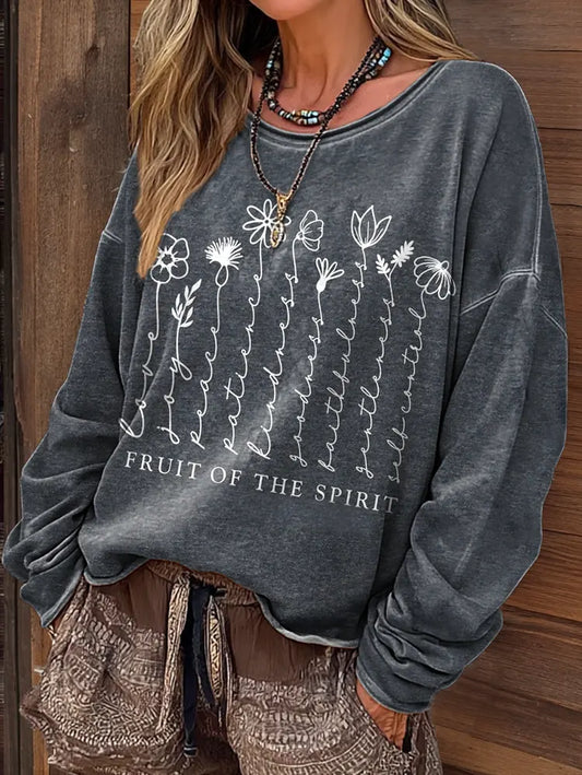 Women's Retro Fruit Of The Spirit Print Round Neck Long Sleeve Top