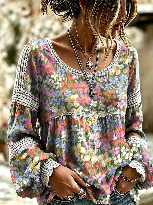 Ethnicity Bohemia Flowers Women's Art Print Casual Lace Print Blouse Shirt