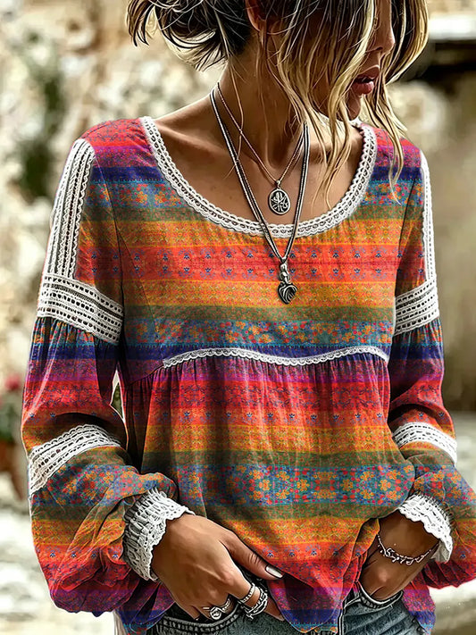 Women's Bohemian Colorful Striped Floral Art Print Lace Shirt