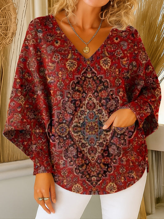 Totem Ethnic Floral Art Print V-neck Pocket Knit Sweater