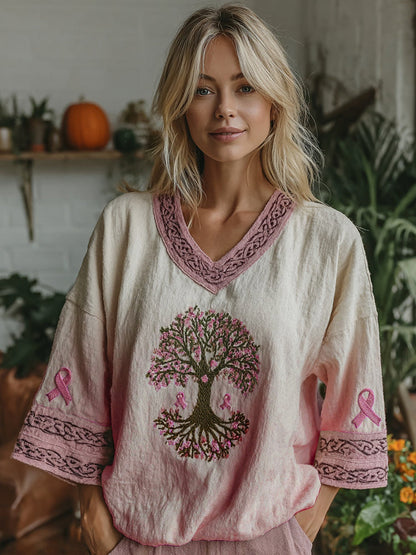 Women's Tree Of Life Pink Ribbon V-neck Half Sleeve T-shirt