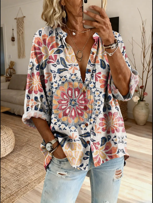 Vintage Ethnicity Geometry Totem Women's Art Print Casual Shirt