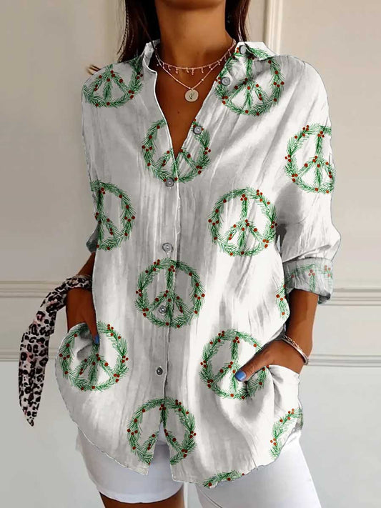 Women's Christmas Peace Sign Print Casual Cotton Shirt