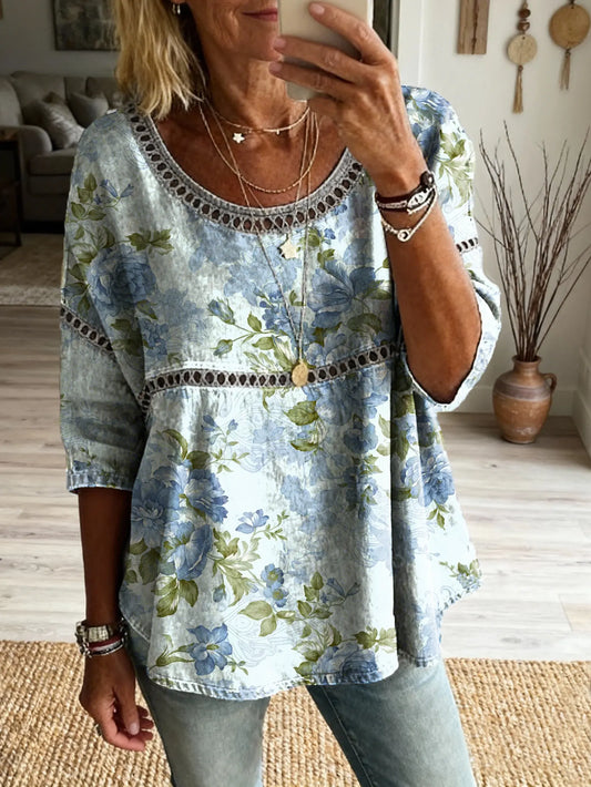 Women's Floral Pattern Art Print Casual Round Neck Lace-up Top