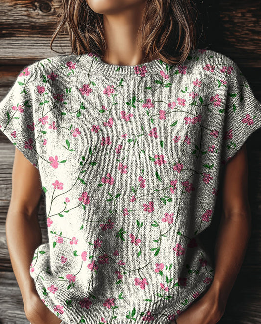 Women's Vintage Floral Art Print Casual Crew Neck Short Sleeve Knitted Sweater