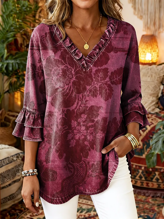 Women's Vintage Floral Art Print Casual Ruffled Washed Shirt