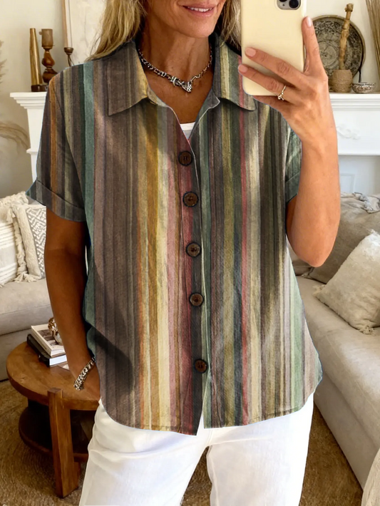 Women's Retro Bohemian Striped Art Print Casual Lapel Short-Sleeve Top