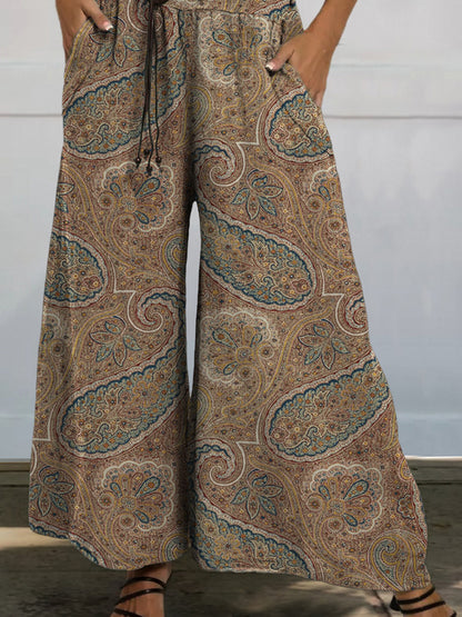 Ethnic Style Paisley Pattern Printed Women's Cotton And Linen Casual Wide-Leg Pants