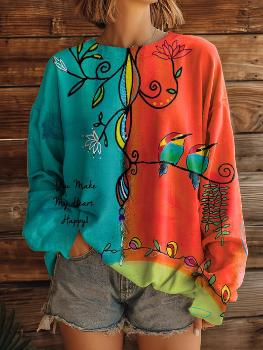 Women's Vintage Floral Bird Art Pattern Print Casual Crew Neck Sweatshirt