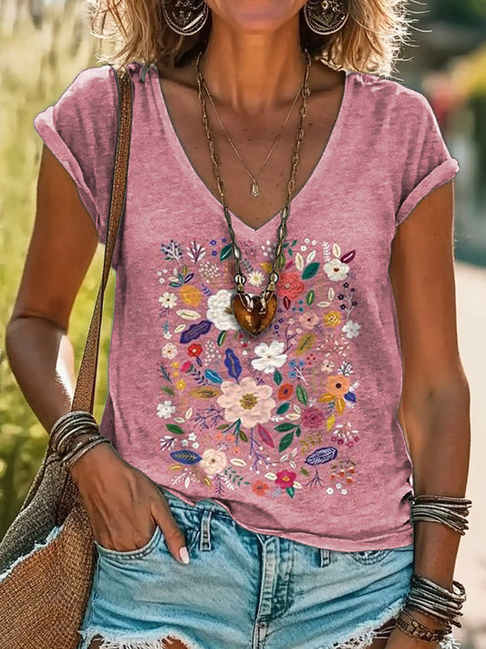 Floral Art Print 100% Cotton V-Neck T-Shirt