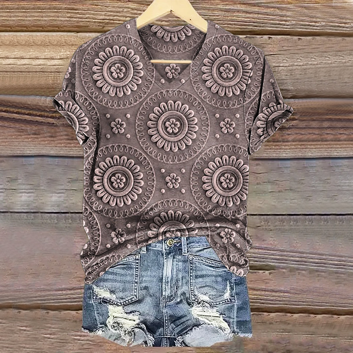 Women's Vintage Floral Texture Patterns Art Print V-neck Casual T-Shirt