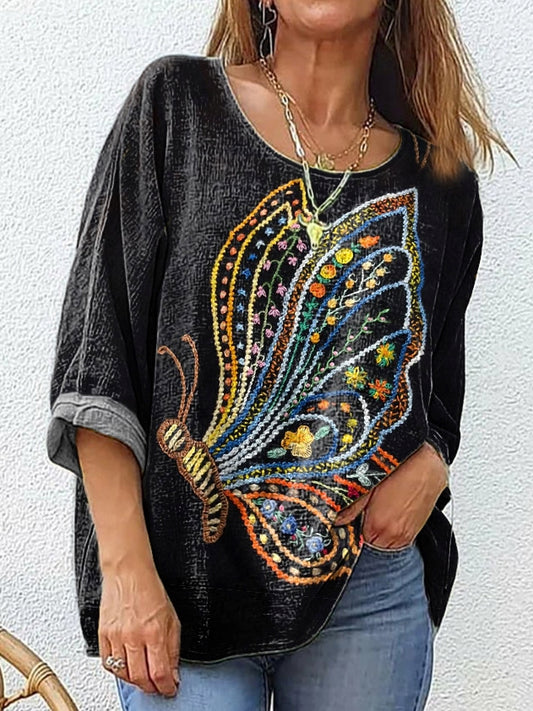 Women's Butterfly Pattern Art Print Cotton and Linen Casual Shirt