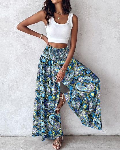 Tribal Print Shirred Wide Leg Pants