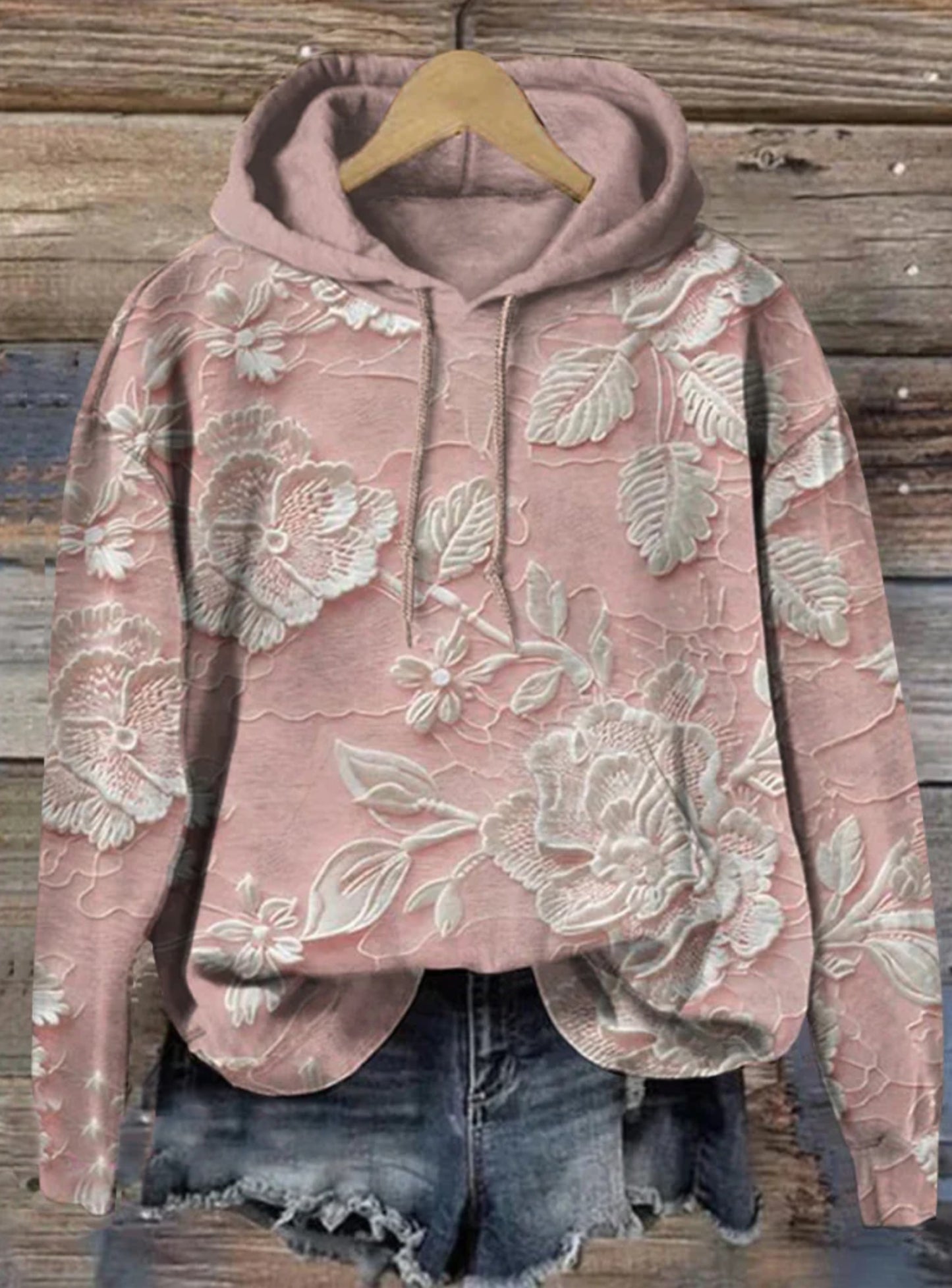 Women's Floral Textured Art Patterns Prints Casual Pocket Hooded Sweatshirt