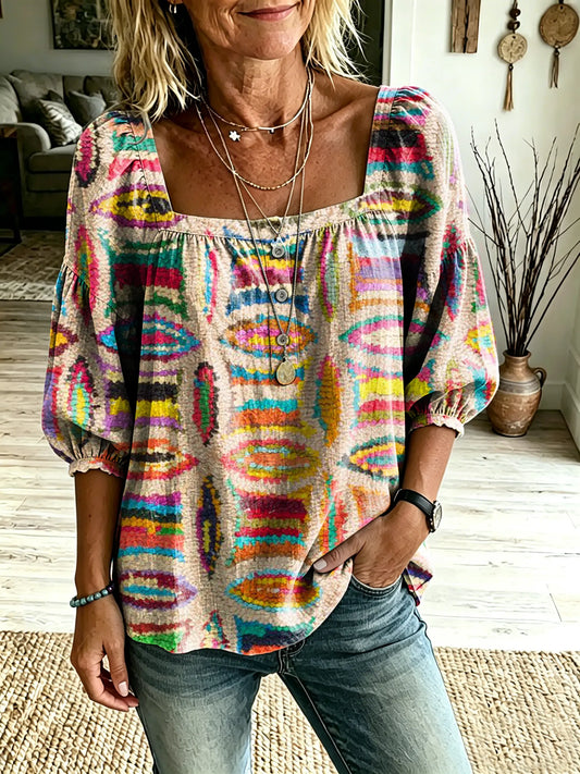 Women's Bohemian Abstract Pattern Art Print Casual Square-Neck Top