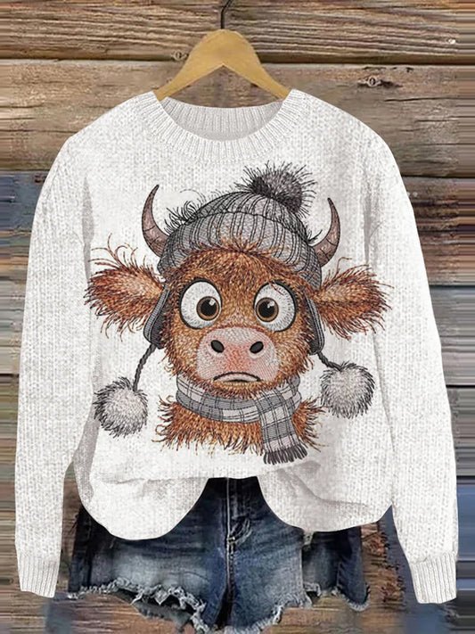 Women's Christmas Cute Highland Cow Print Crew Neck Casual Knit Pullover