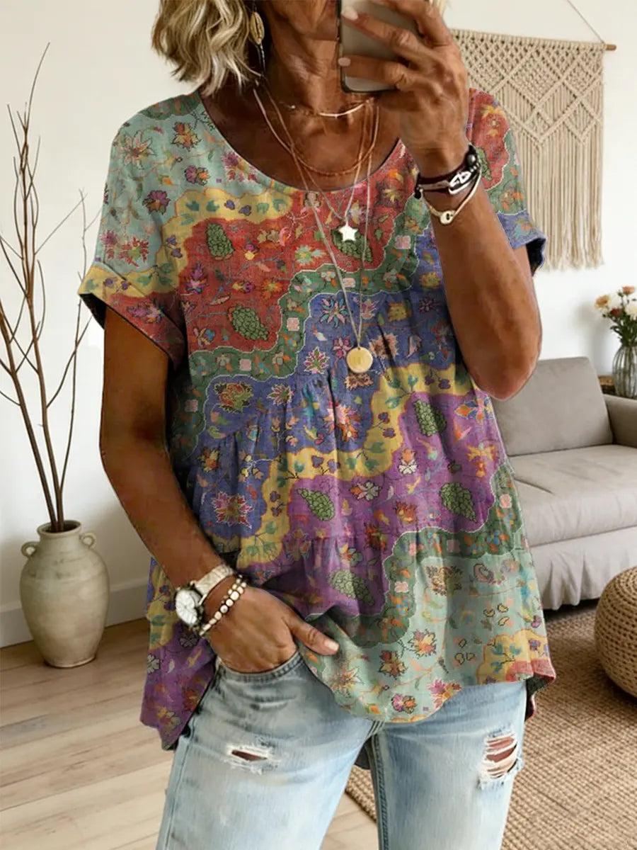 Ethnicity Flowers Arc Women's Art Print Round Neck Loose Short-sleeved Shirt – Side Tether