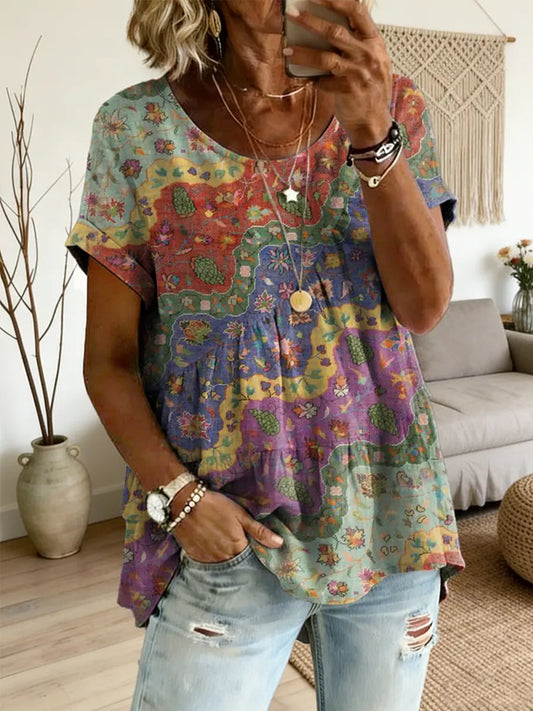 Ethnicity Flowers Arc Women's Art Print Round Neck Loose Short-sleeved Shirt – Side Tether