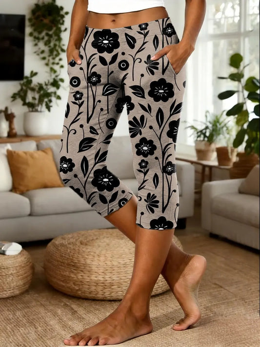Women's Vintage Black Floral Art Print Casual Leggings
