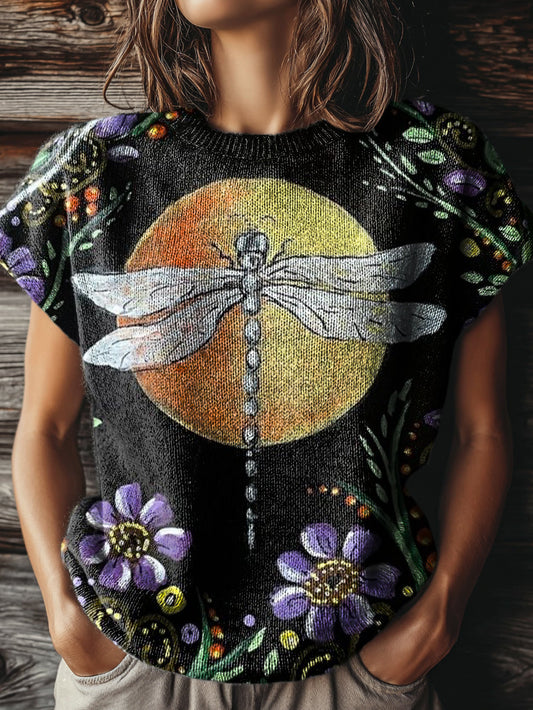 Women's Vintage Floral Dragonfly Art Print Casual Crew Neck Short Sleeve Knitted Sweater