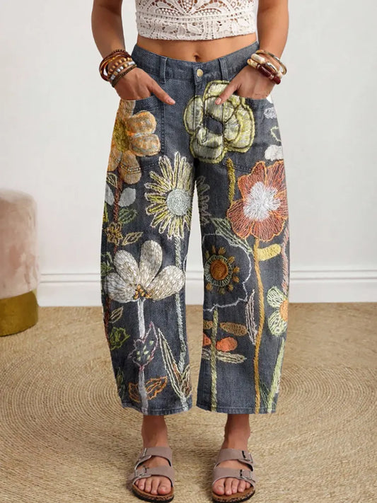 Women's Retro Floral Art Print Jeans