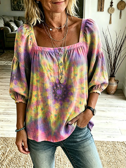 Women's Retro Hippie Kaleidoscope Tie-Dye Art Print Casual Square-Neck Top
