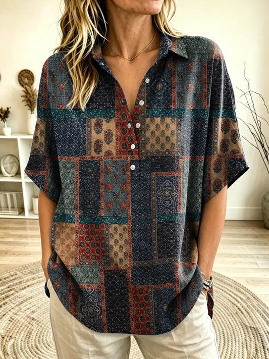 Women's Ethnic Patchwork Print Collared Short Sleeve Henley Blouse