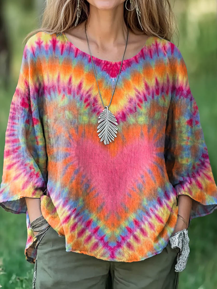 Women's Colorful Tie Dye Love Heart Print Casual Cotton And Linen Shirt