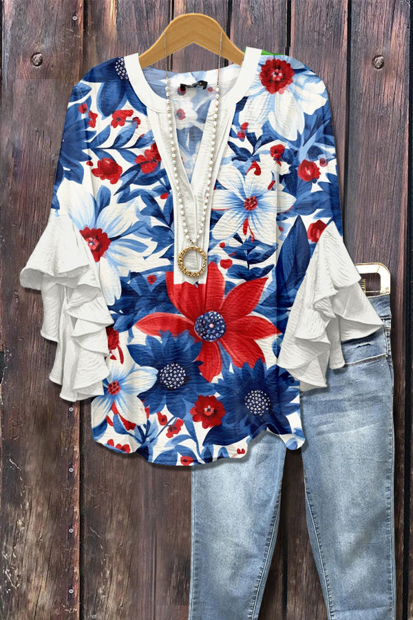 Chic Floral Print Ruffle Sleeve Patriotic Top
