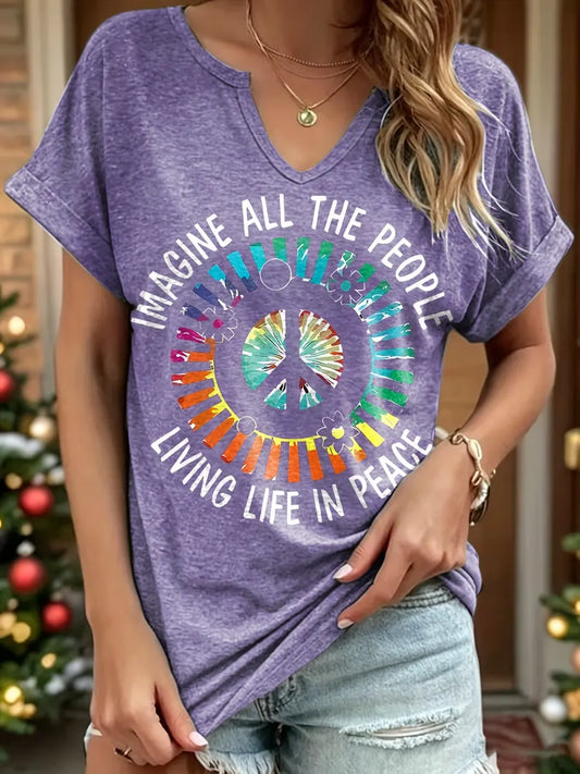 Women's Imagine All The People Living Life In Peace Print V-Neck Cotton T-Shirt
