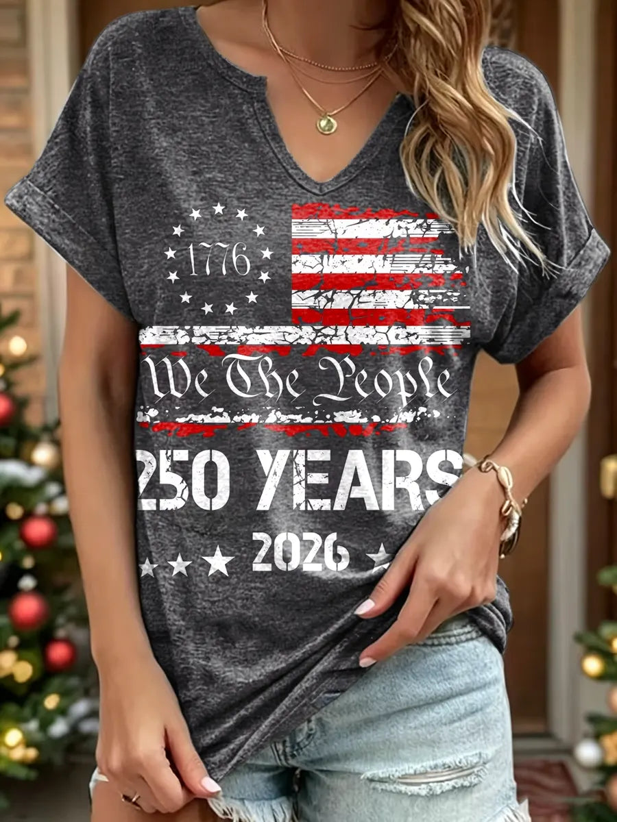 Independence Day Print V-Neck Cotton T-Shirt