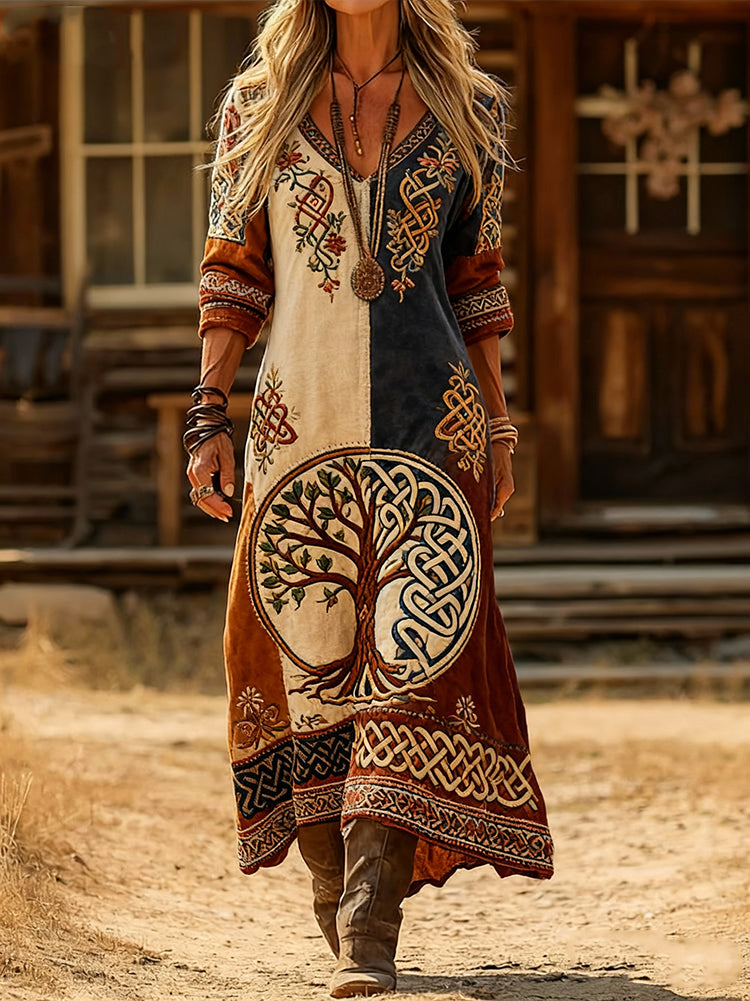 Women's Viking Ethnic Tree of Life Art Print Casual V-Neck Long-Sleeve Cotton Dress