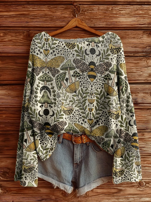 Women's Vintage Floral Bee Art Pattern Print Casual Pullover Sweater