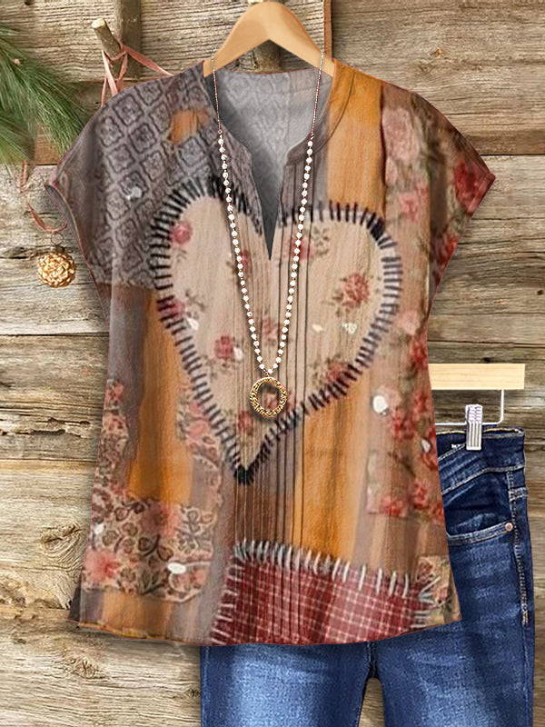 Women's Vintage Heart Pattern Art Print Casual Short Sleeve Cotton And Linen Shirt