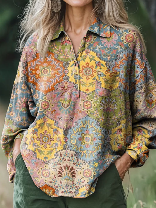 Women's Retro Patterned Art Print Casual Cotton and Linen Shirt