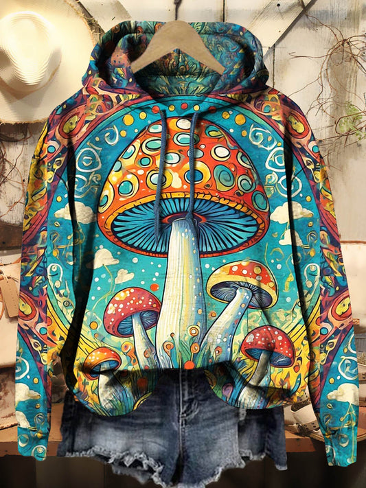 Women's Trippy Hippie Mushroom Art Print Casual Hooded Sweatshirt