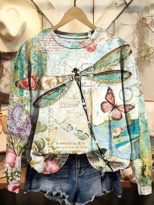 Women's Vintage Floral And Dragonfly Art Print Casual Crew Neck Sweatshirt