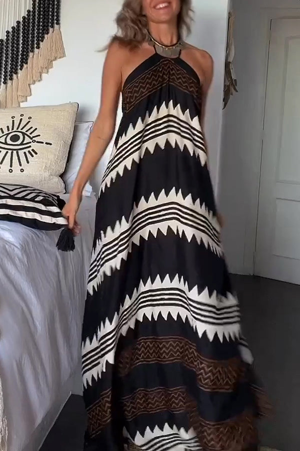 Hey Vacay Ethnic Print Halter A-line Maxi Dress