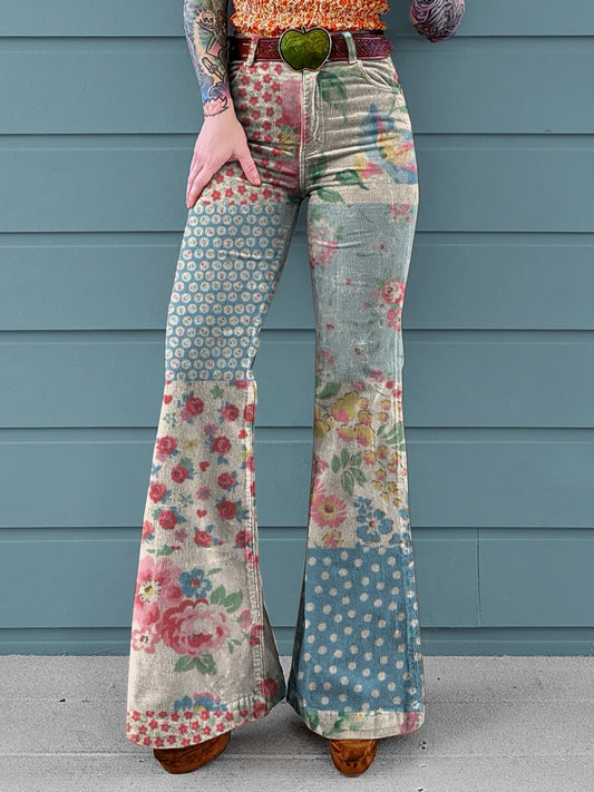 Women's Vintage Floral Patchwork Art Print Casual Wide Leg Pants