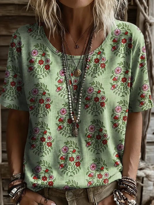 Women's Retro Ethnic Floral Print Round-neck Short-sleeve T-shirt