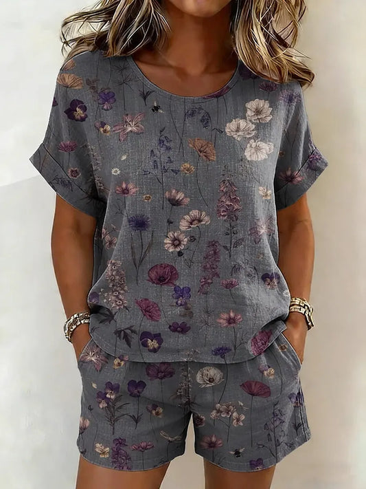 Women's Floral Art Print Shirt & Shorts Two-piece Set