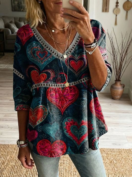 Women's Artistic Heart-pattern Printed Casual V-neck Lace-up Top